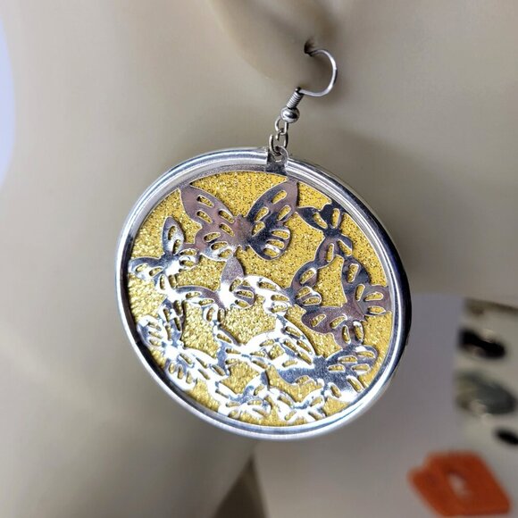 Gold with Butterfly Motif Large Round Earrings - Picture 2 of 4